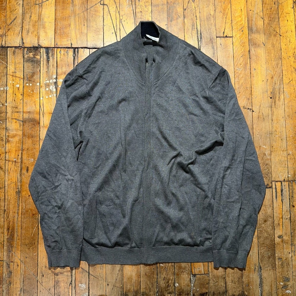 Calvin Klein Sweater Mens 2XL Gray Tight Knit‎ Long Sleeve Mock Neck Full Zip